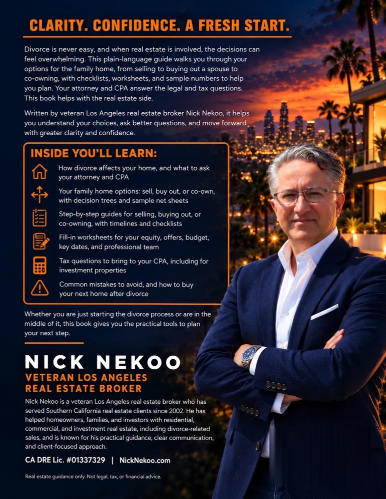 Back cover of Divorce & Real Estate in Los Angeles: what's inside, and about the author, Nick Nekoo