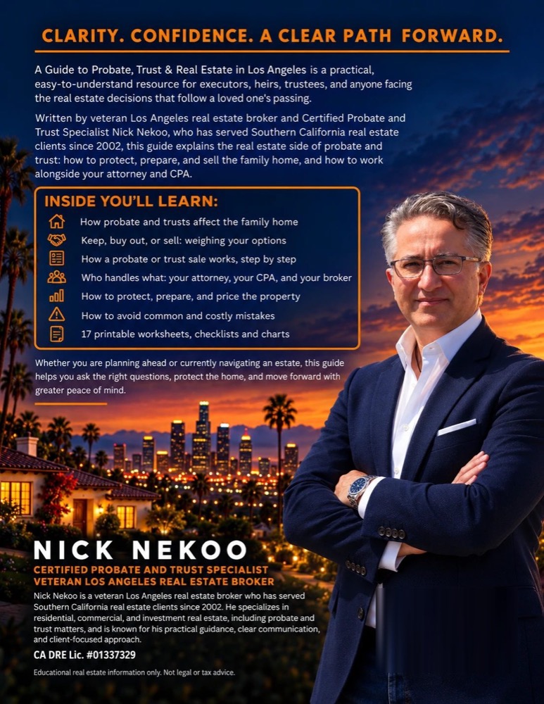 Back cover of Probate, Trust & Real Estate in Los Angeles: what's inside, and about the author, Nick Nekoo