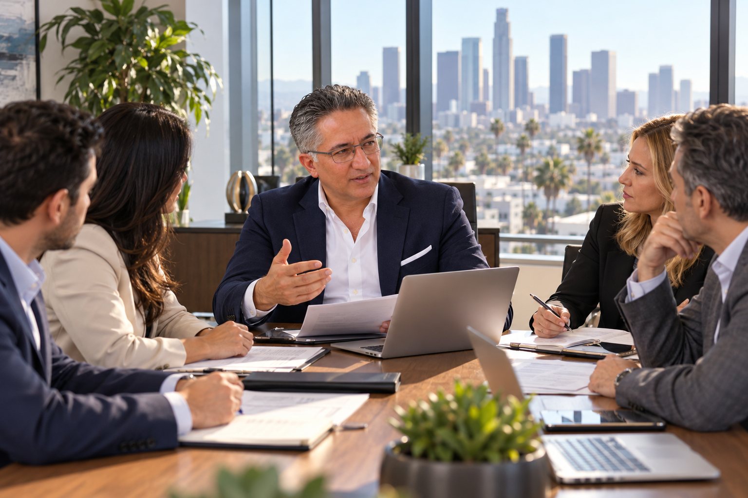 Nick Nekoo meeting with clients at his Los Angeles office
